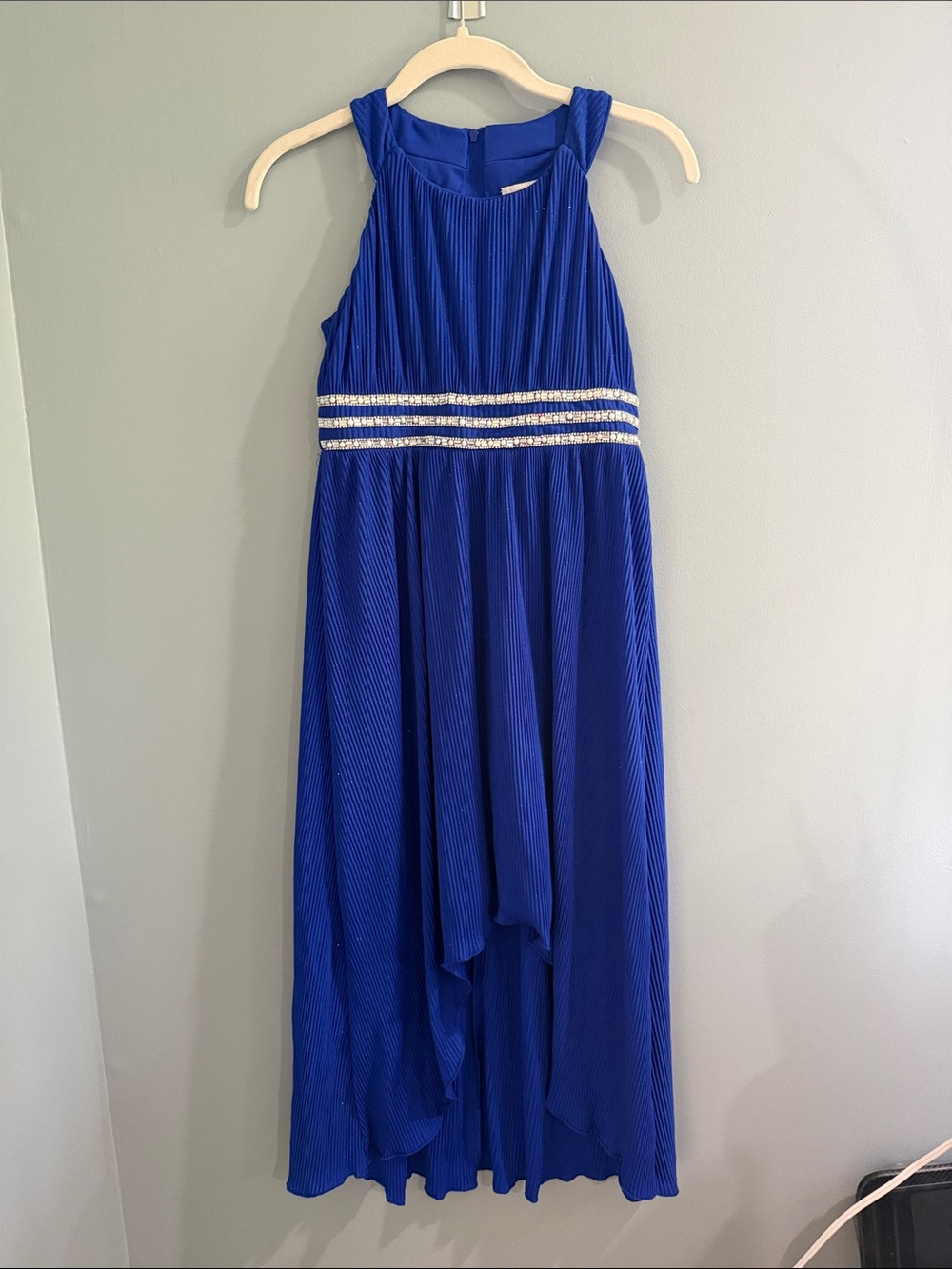 Never worn!   Royal Blue Pleated Hi Low Dress with Beaded Waist